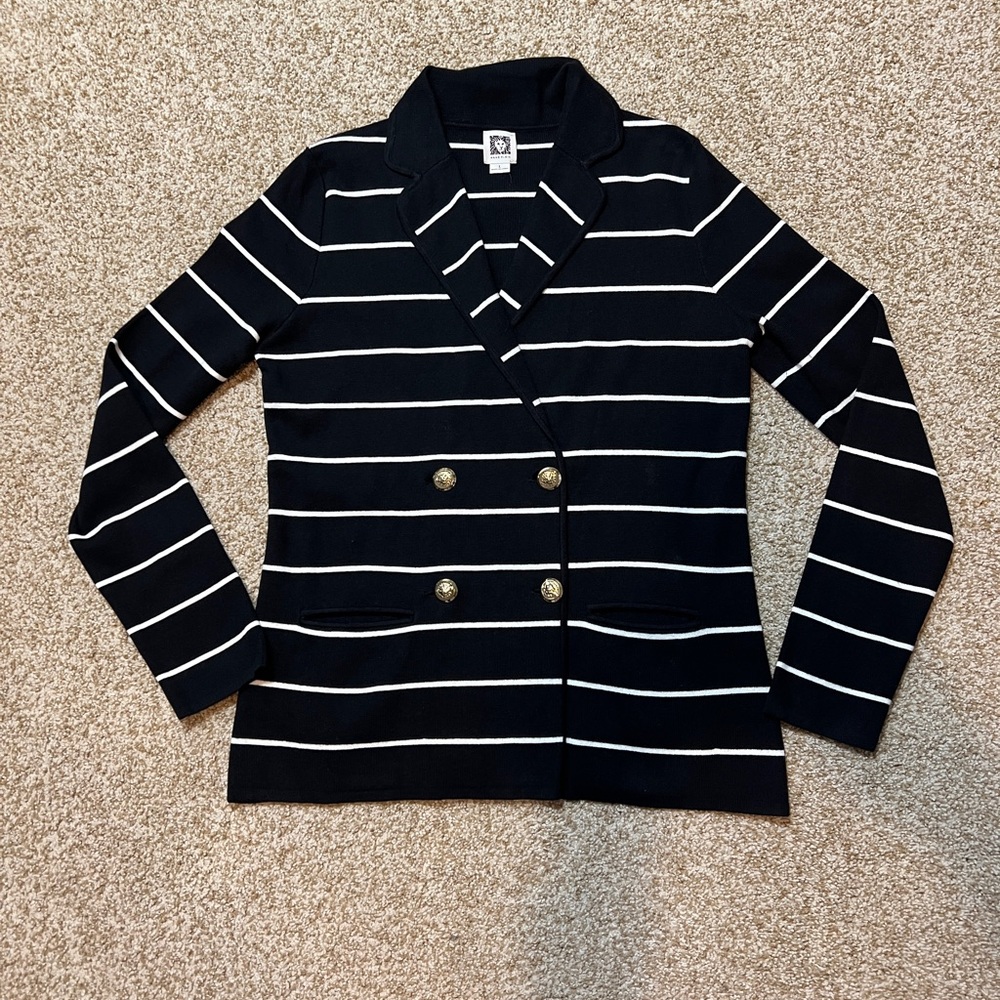 Anne Klein Black & White Striped Double Breasted Knit Blazer Sweater Size L